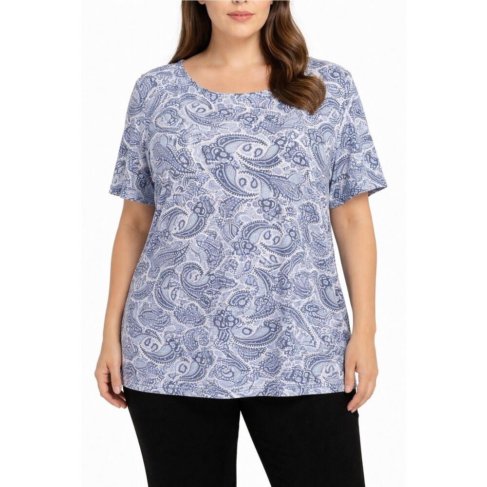 Croft & Barrow Women's 2X Paisley Blue Short Sleeve Classic Tee Plus Size Casual